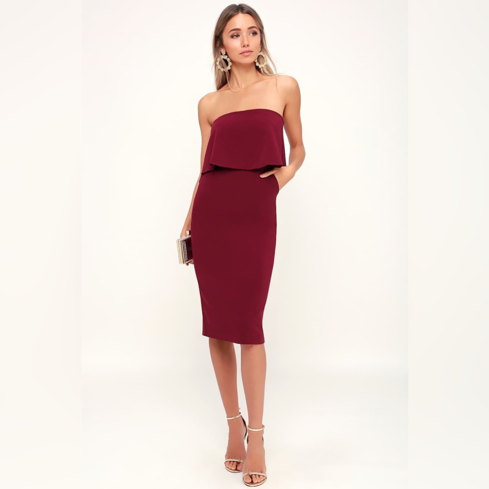 Lulu's Burgundy strapless Lots of Love midi Dress